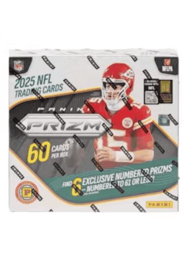2025 Panini Prizm Football trading card box with NFL player image.