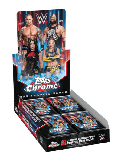 WWE wrestling trading cards in a display box with wrestlers.