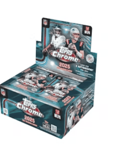 2025 Topps Chrome Football Jumbo Hobby Box with players on packaging.