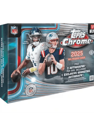 2025 Topps Chrome Football trading card box with NFL players.