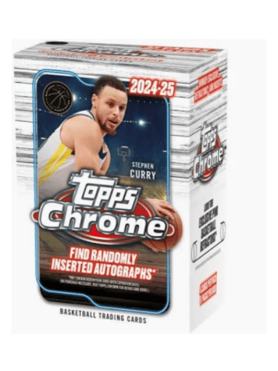 Topps Chrome Basketball Blaster box featuring Stephen Curry for 2024/25 season.