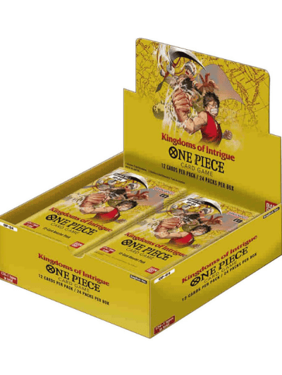 One Piece Kingdoms of Intrigue booster box with character artwork.