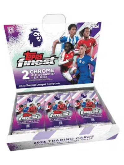 2026 Topps Finest Premier League trading card box with players.