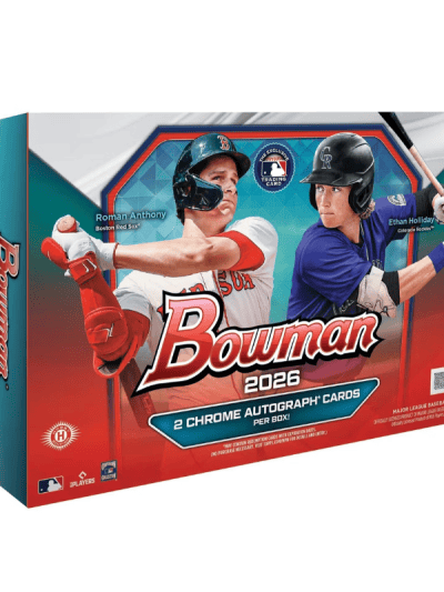 2026 Bowman Baseball trading card box with two autographed cards.