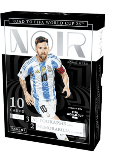 Panini Noir Road to FIFA World Cup 2026 soccer hobby box with Messi image.
