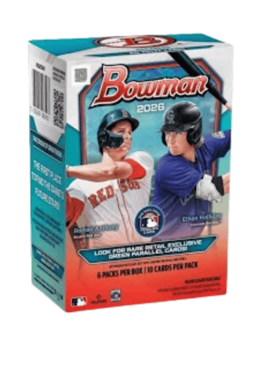 2026 Bowman Baseball Blaster box with two young players.