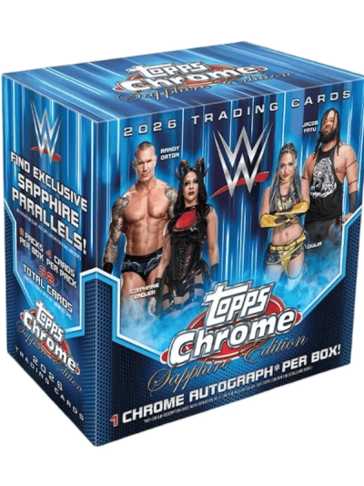 WWE Topps Chrome Sapphire 10 Box Case with WWE wrestlers on packaging.