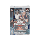 2025 Topps Chrome Football Blaster box with NFL players and logo.