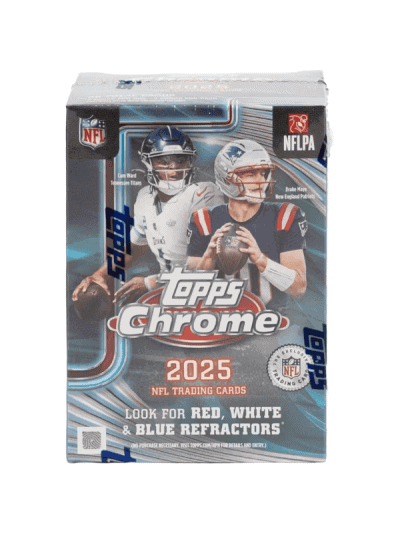 2025 Topps Chrome Football Blaster box with NFL players and logo.
