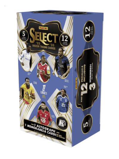 Panini Select Ligue 1 Soccer trading card box with player images and branding.