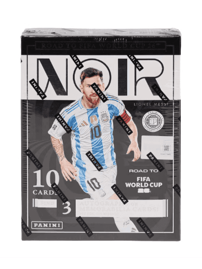 Panini Noir Road to World Cup Soccer hobby box with Lionel Messi card.