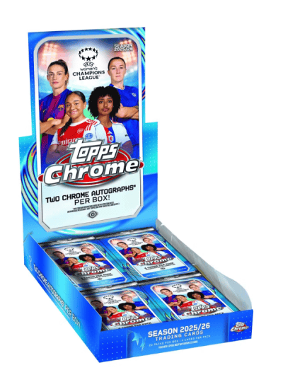 2025/26 Topps Chrome Women’s UEFA Champions League soccer trading cards display.