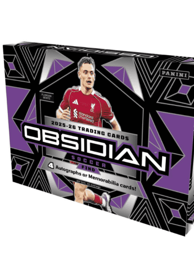 Panini Obsidian Soccer trading card box with player image and purple design.