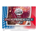 Independence Day 2026 fireworks display with patriotic colors and logo.