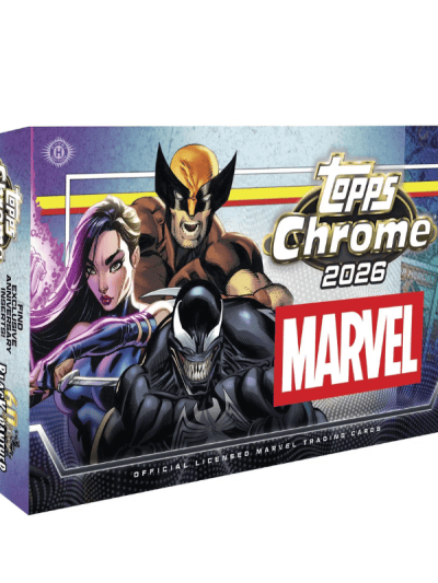 Marvel characters on Topps Chrome 2026 box for collectible cards.
