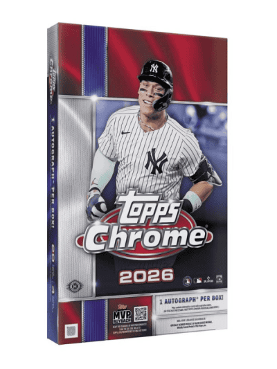 2026 Topps Chrome Baseball Hobby Box with player image and logo.