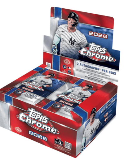 2026 Topps Chrome Baseball Jumbo box with player image and branding.
