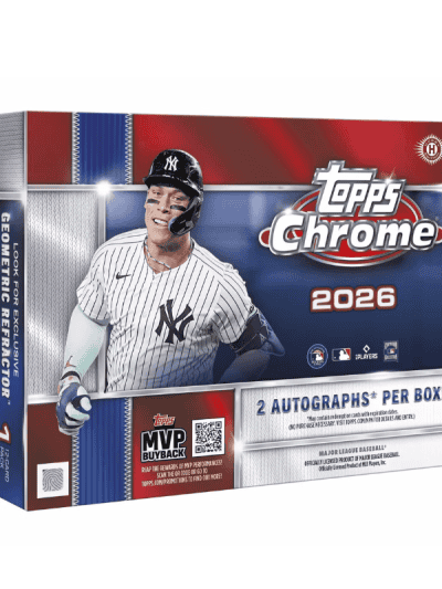2026 Topps Chrome Baseball trading card box with player image.