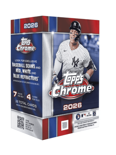 2026 Topps Chrome Baseball Blaster box with player image and logo.