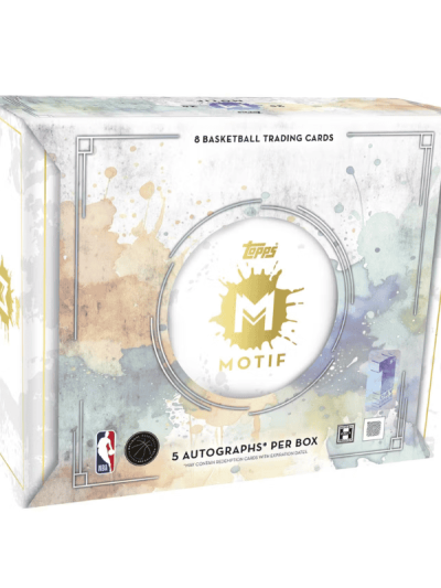 Basketball trading card box with Topps Motif branding and colorful design.